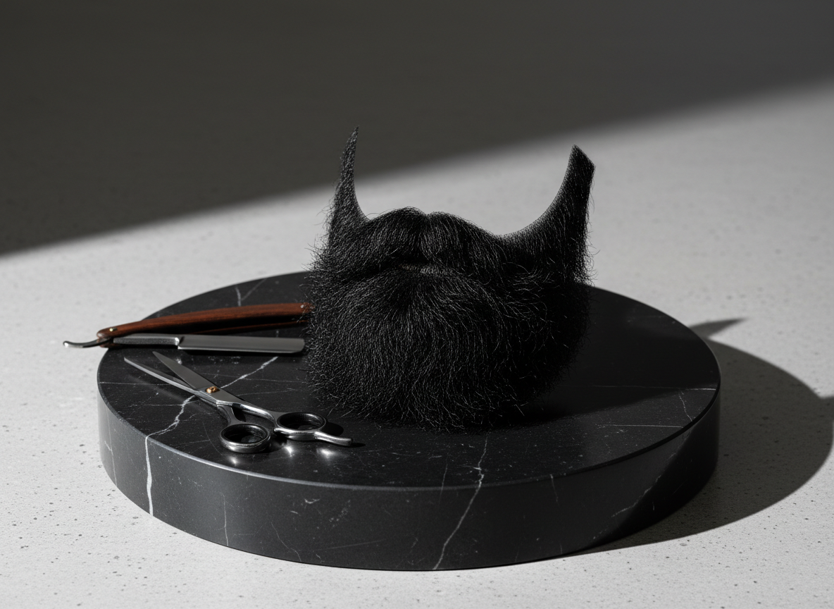 A meticulously trimmed and sculpted jet-black beard resting atop a sleek, matte-black marble display plinth, with a set of polished steel grooming scissors and a vintage straight razor artfully arranged nearby. The scene is illuminated by sharp directional lighting from the right, casting defined, crisp shadows on the flat, minimalistic concrete background. The composition is tightly framed at eye level, focusing all attention on the form and texture of the beard and grooming tools, with every hair and surface standing out in high definition. The atmosphere is bold and decisive, evoking an avant-garde, fashion-forward sensibility with a minimalist, clean modern aesthetic that embodies the salon’s expertise in beard care.