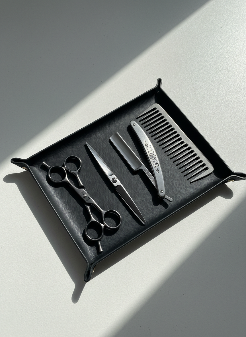 An array of hand-forged, high-carbon steel grooming tools—scissors, a classic razor, and a sturdy beard shaping comb—neatly laid out on a minimalist black leather tray. The setting features a stark, uncluttered white surface, with single-source, sharply directional spotlighting from the left, generating deep shadows and highlighting the pristine quality and craft of each tool. Photographed with a slightly angled bird's-eye view, the image showcases the precision and modern edge of the salon, while the minimalist arrangement amplifies the bold, fashion-forward personality of the brand.