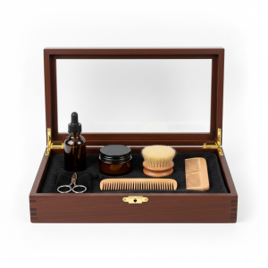 Professional product photography of Deluxe Beard Care Gift Set, A complete starter kit for a well-groomed, camera-ready beard., Front view, clean white background, studio lighting, e-commerce product shot, photorealistic, high resolution --no text, words, letters, numbers, labels, watermarks, logos, captions, titles, subtitles, writing